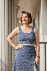 Blue Printed Crop Top & Skirt Set