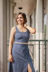 Blue Printed Crop Top & Skirt Set