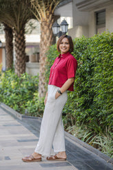 Maroon plain Half Sleeve Crop Shirt