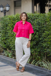 Hot pink plain Hal Sleeve Crop Shirt