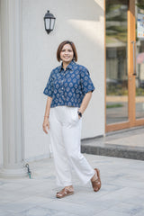 Blue printed crop shirt