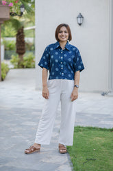 Blue Polka Dot Half Sleeve Crop Shirt