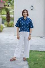 Blue Polka Dot Half Sleeve Crop Shirt