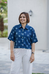 Blue Polka Dot Half Sleeve Crop Shirt