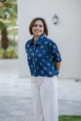 Blue Polka Dot Half Sleeve Crop Shirt