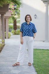 Blue Printed Half Sleeve Crop Shirt