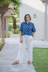 Blue Printed Half Sleeve Crop Shirt