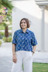 Blue Printed Half Sleeve Crop Shirt