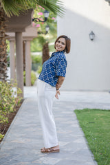 Blue Printed Half Sleeve Crop Shirt
