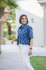 Blue Printed Half Sleeve Crop Shirt