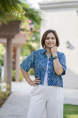 Blue Printed Half Sleeve Crop Shirt