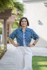 Blue Printed Half Sleeve Crop Shirt