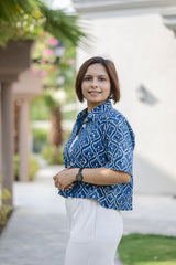 Blue Printed Half Sleeve Crop Shirt