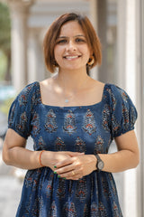 Blue Printed Half Sleeve Summer Dress