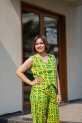 Yellow Batik Print Waistcoat & Pant