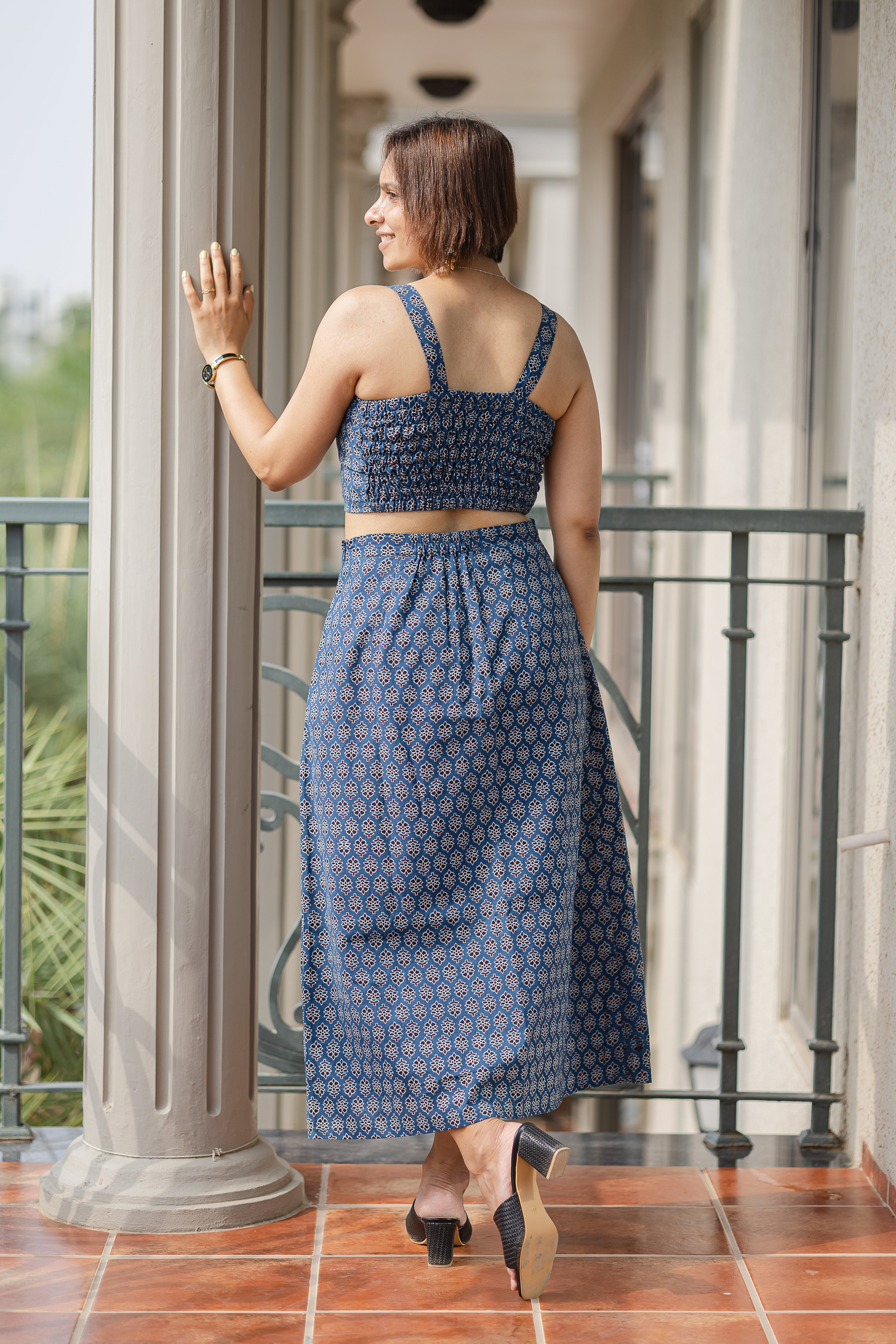 Blue Printed Crop Top & Skirt Set