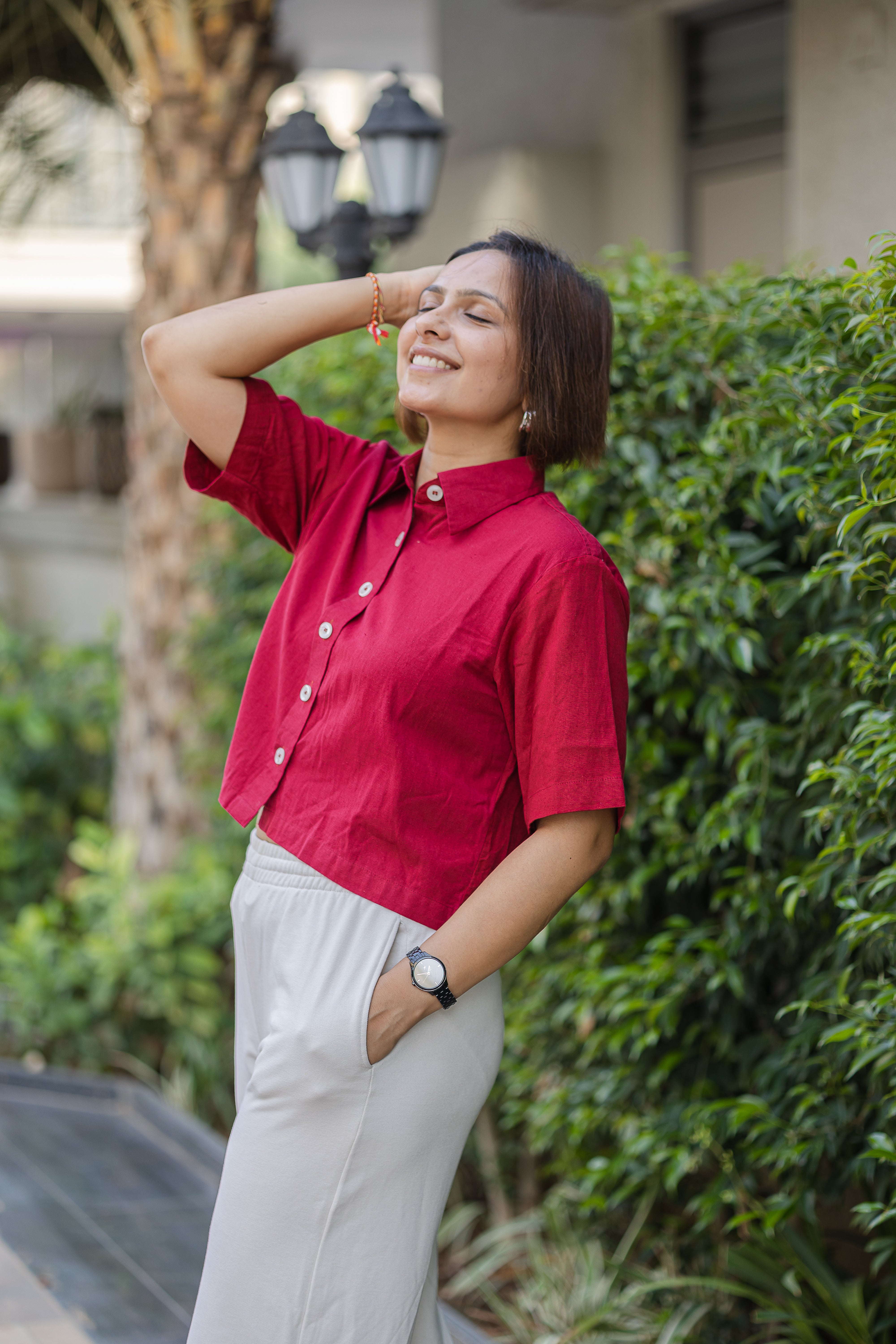 Maroon plain Half Sleeve Crop Shirt