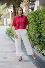 Maroon plain Half Sleeve Crop Shirt