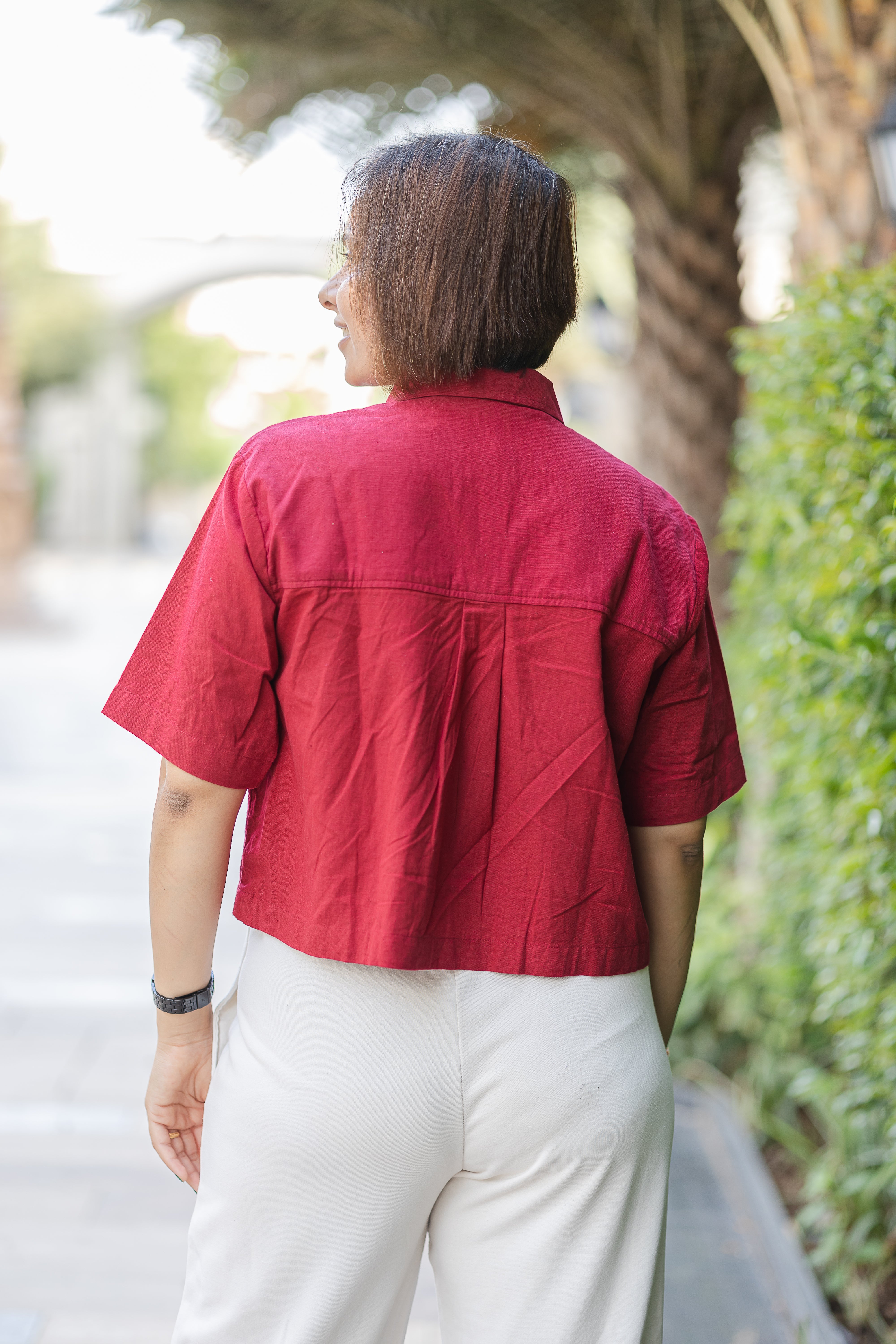 Maroon plain Half Sleeve Crop Shirt