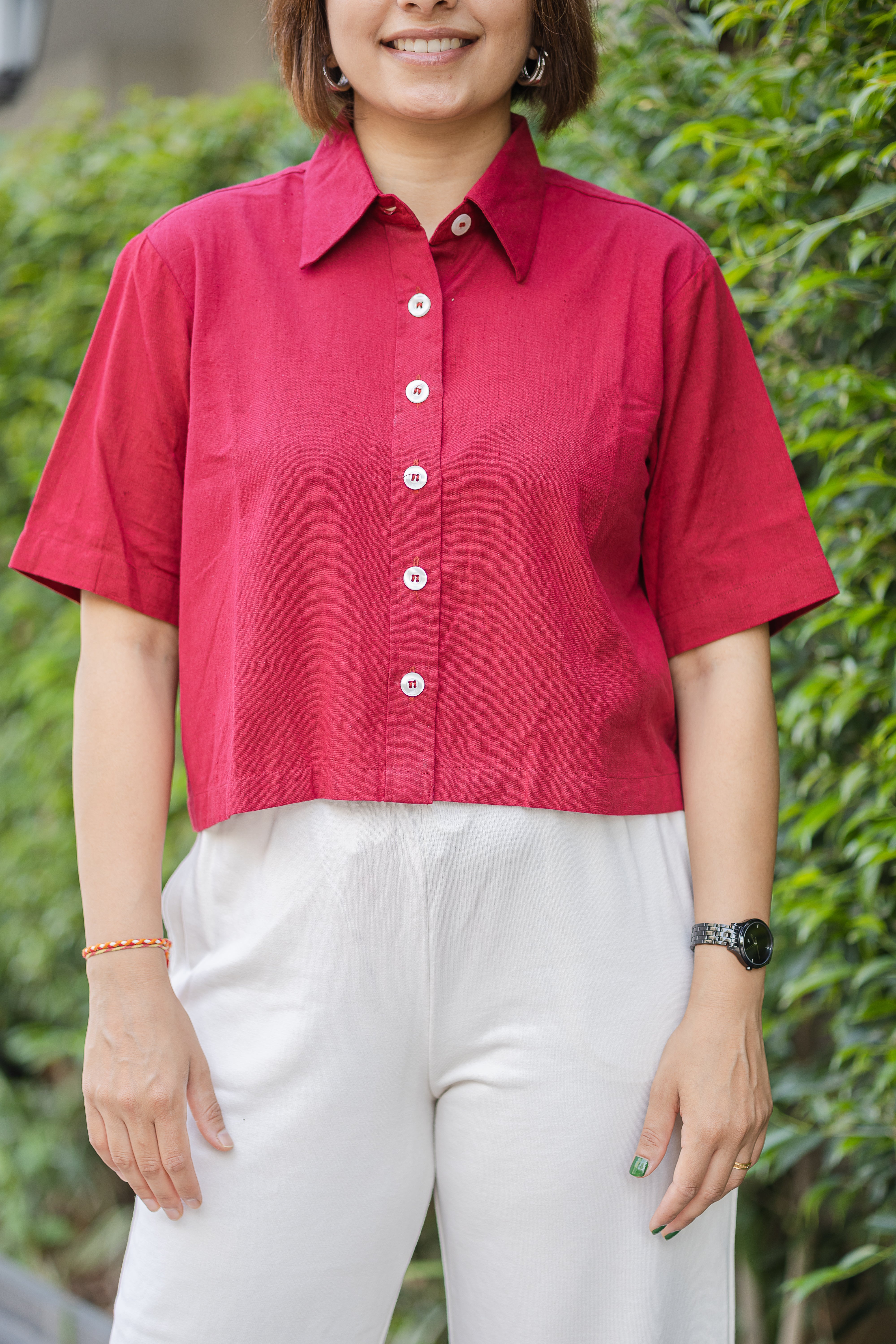 Maroon plain Half Sleeve Crop Shirt