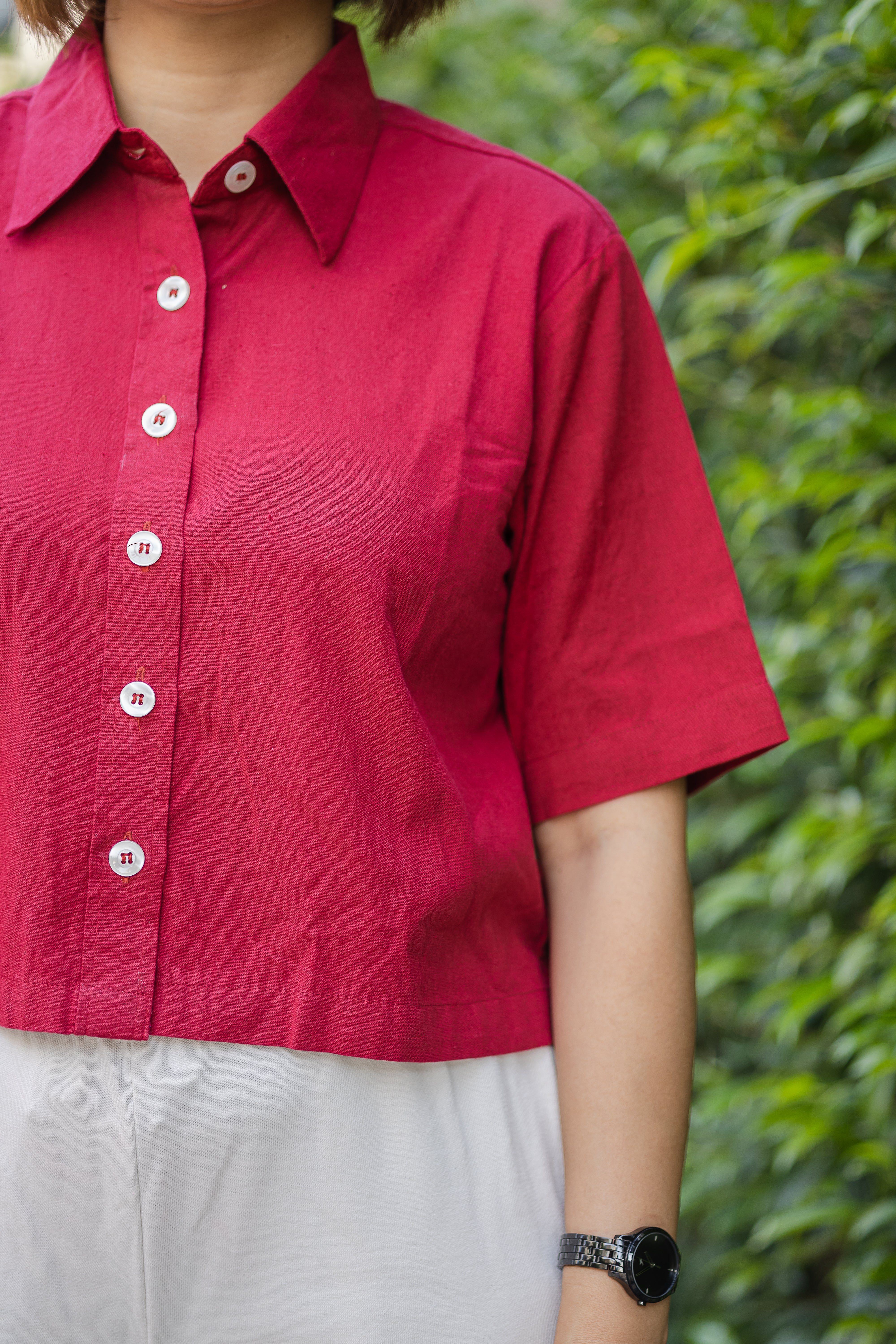Maroon plain Half Sleeve Crop Shirt
