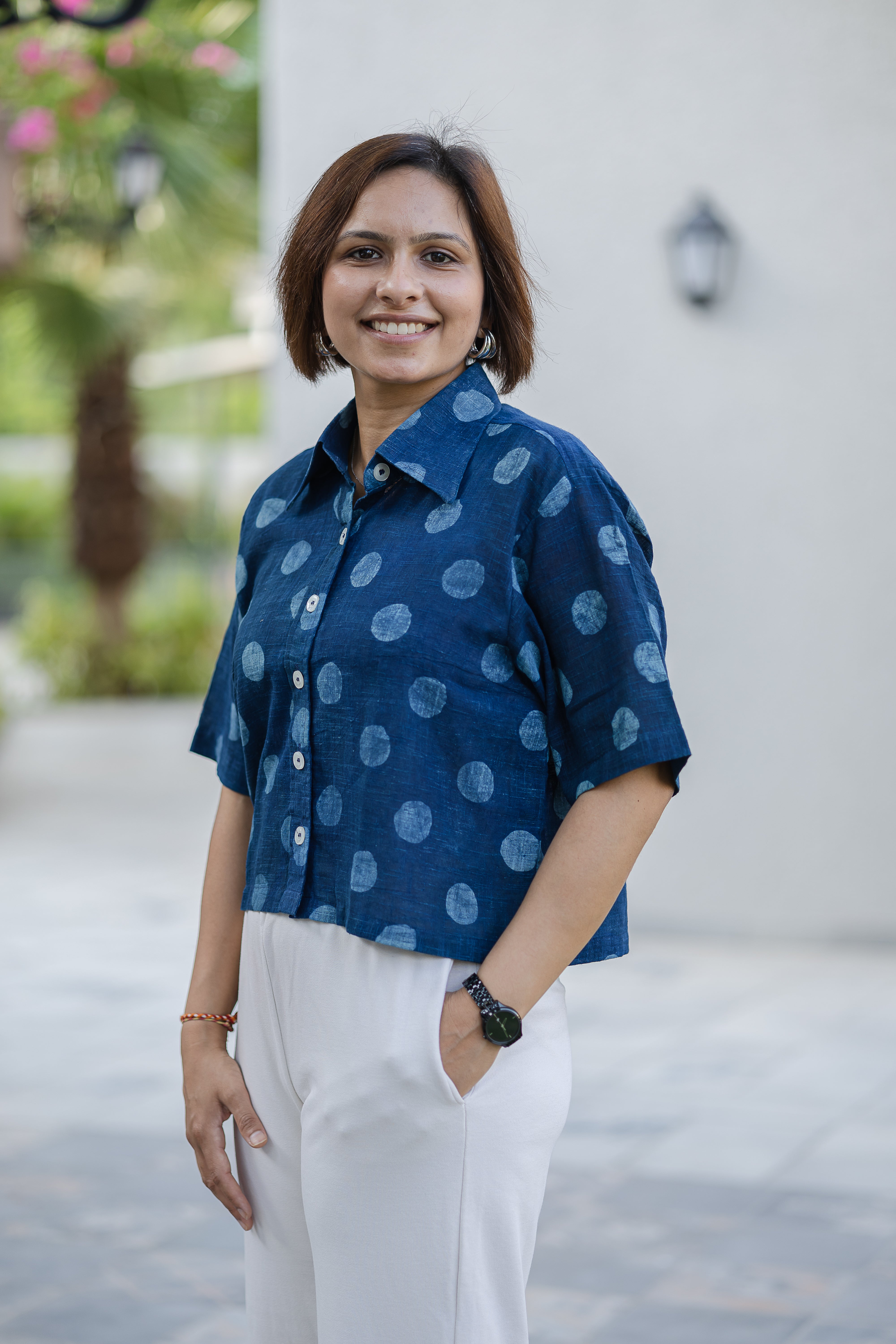 Blue Polka Dot Half Sleeve Crop Shirt