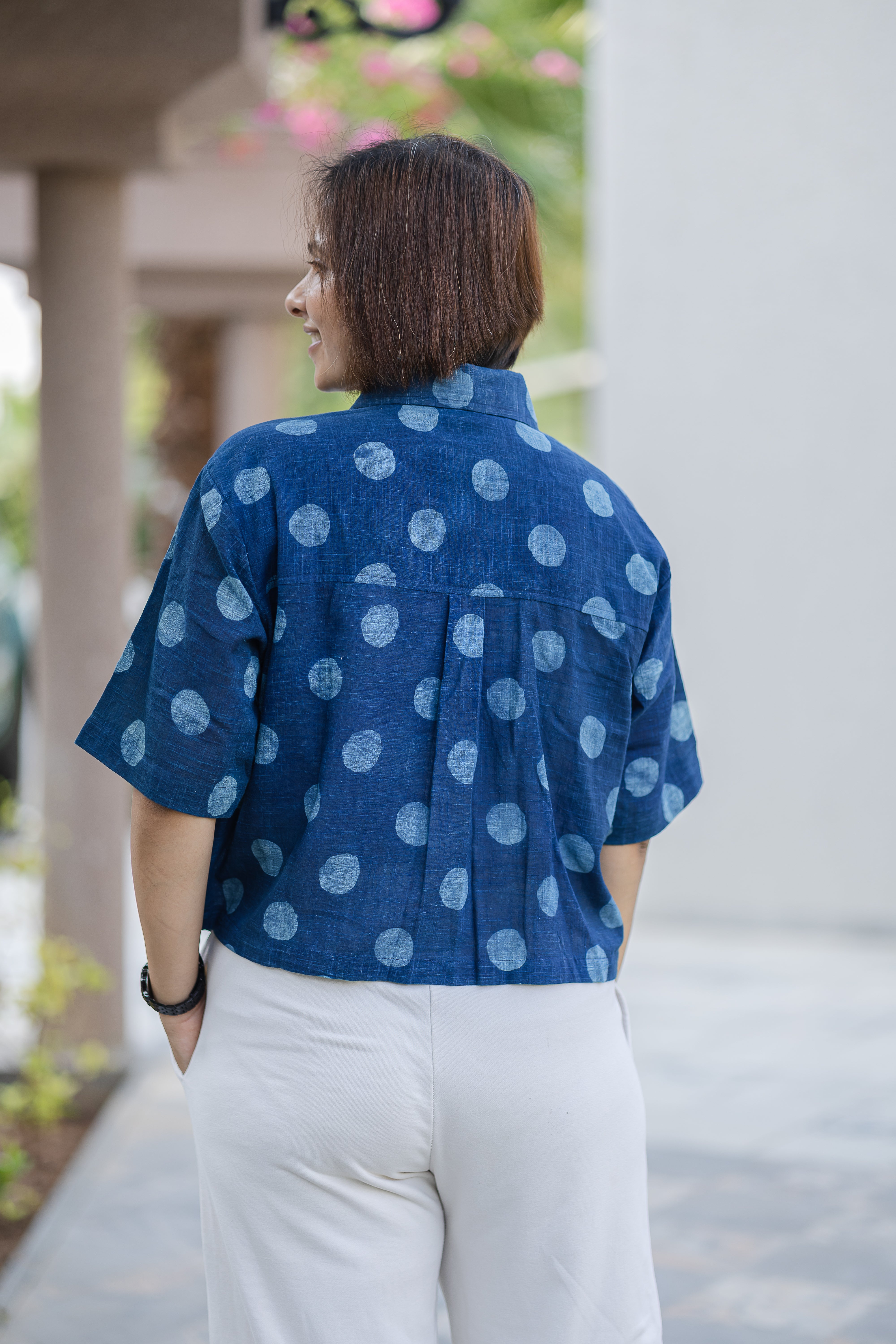 Blue Polka Dot Half Sleeve Crop Shirt