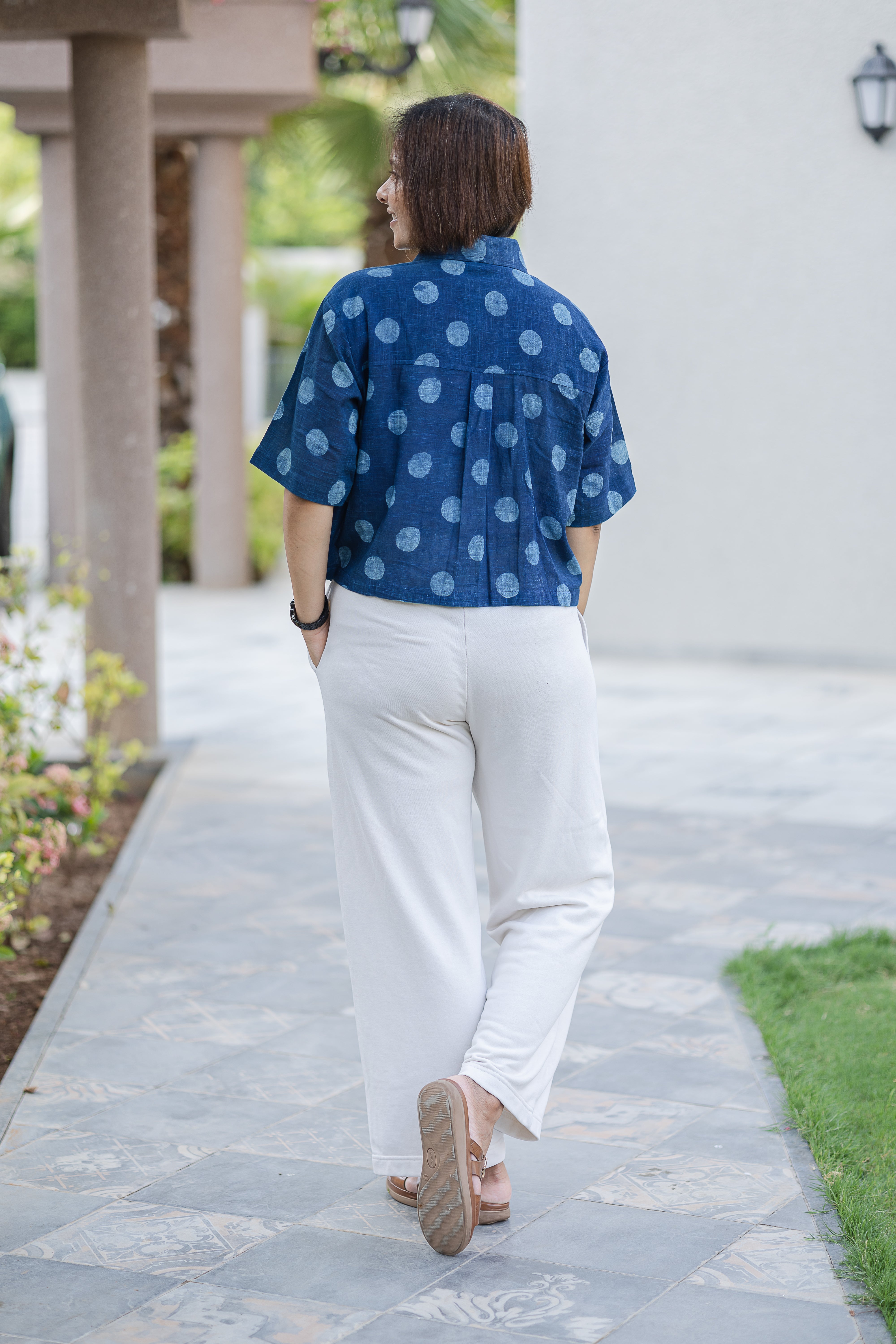 Blue Polka Dot Half Sleeve Crop Shirt