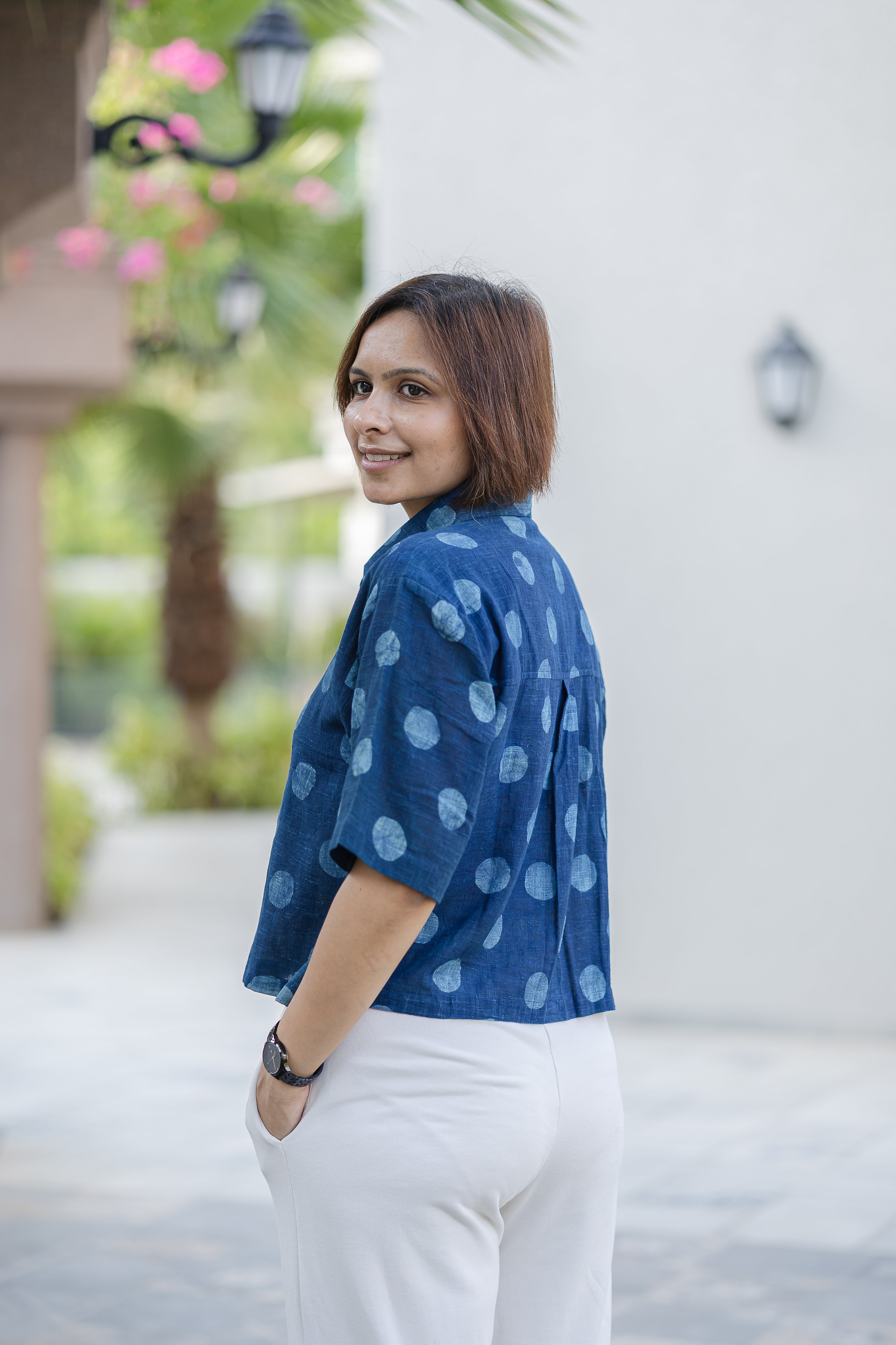Blue Polka Dot Half Sleeve Crop Shirt