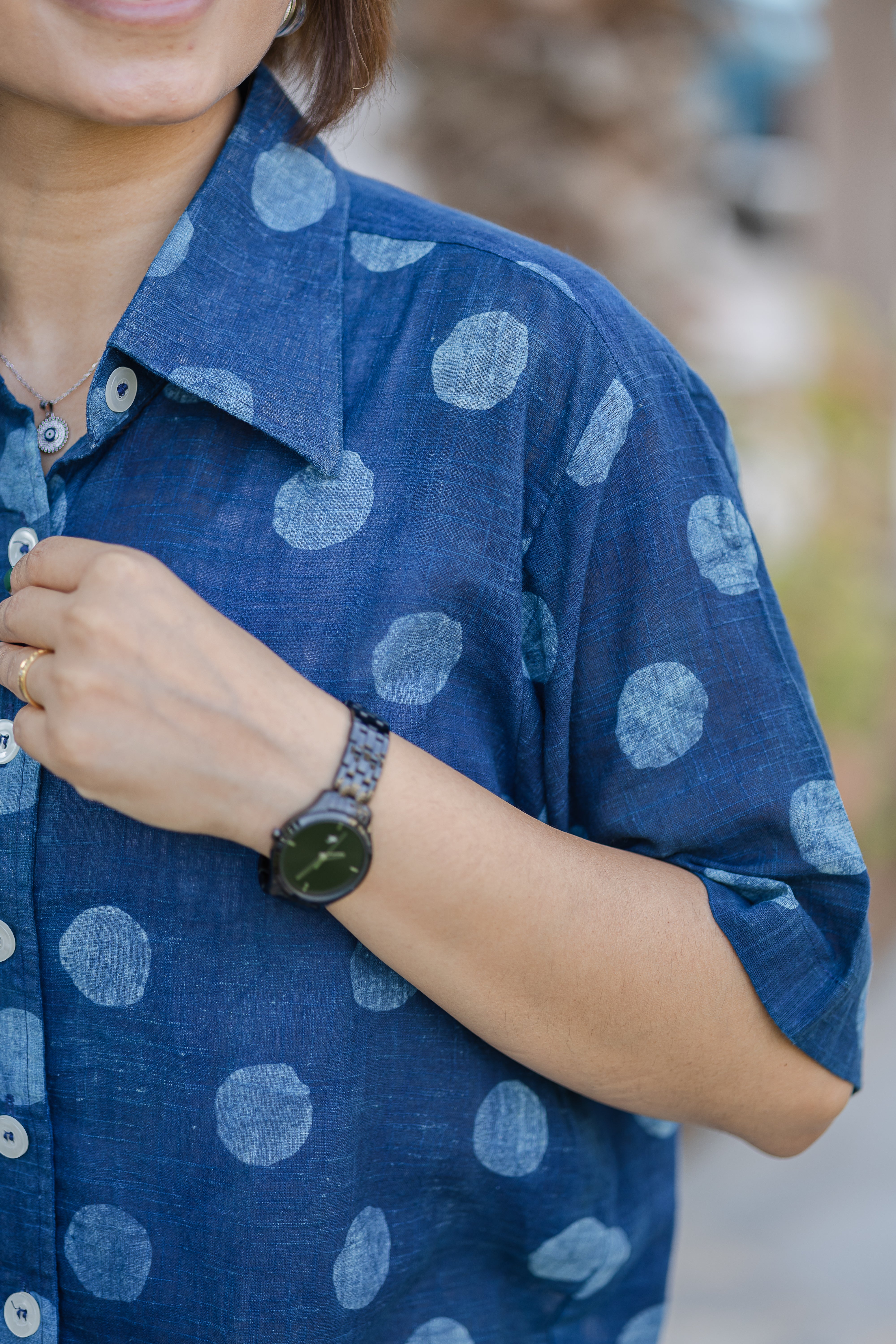 Blue Polka Dot Half Sleeve Crop Shirt