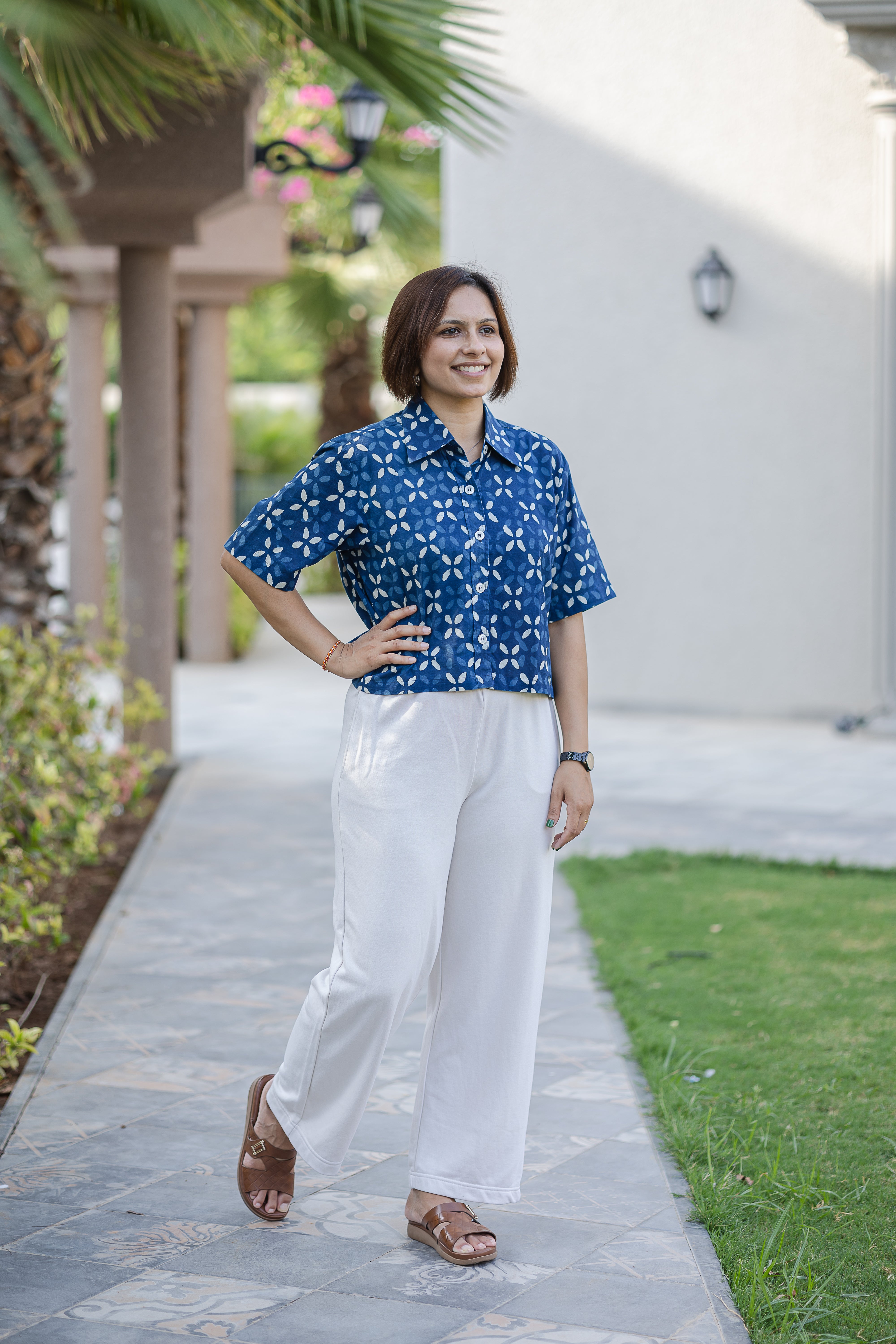 Blue Printed Half Sleeve Crop Shirt