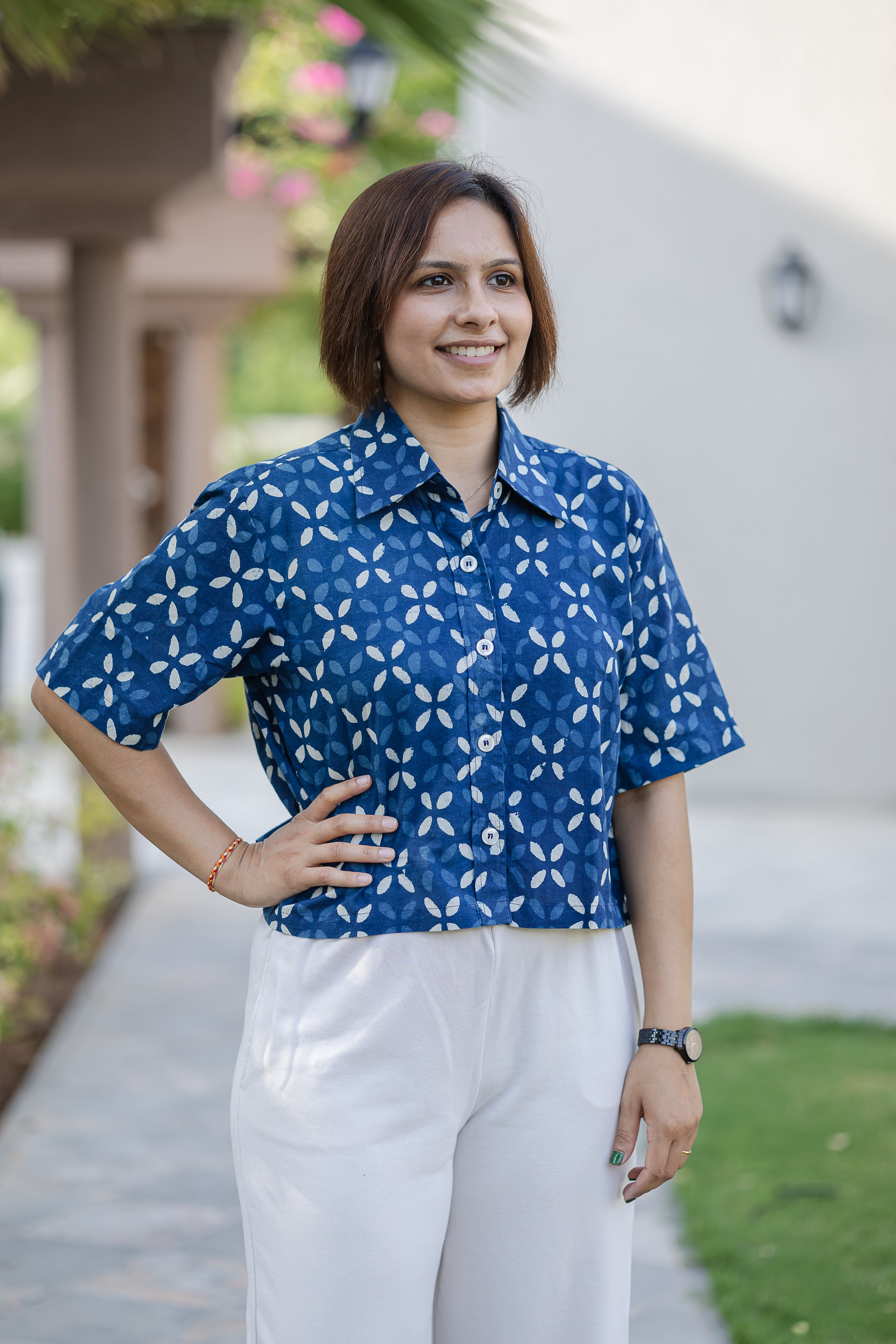 Blue Printed Half Sleeve Crop Shirt