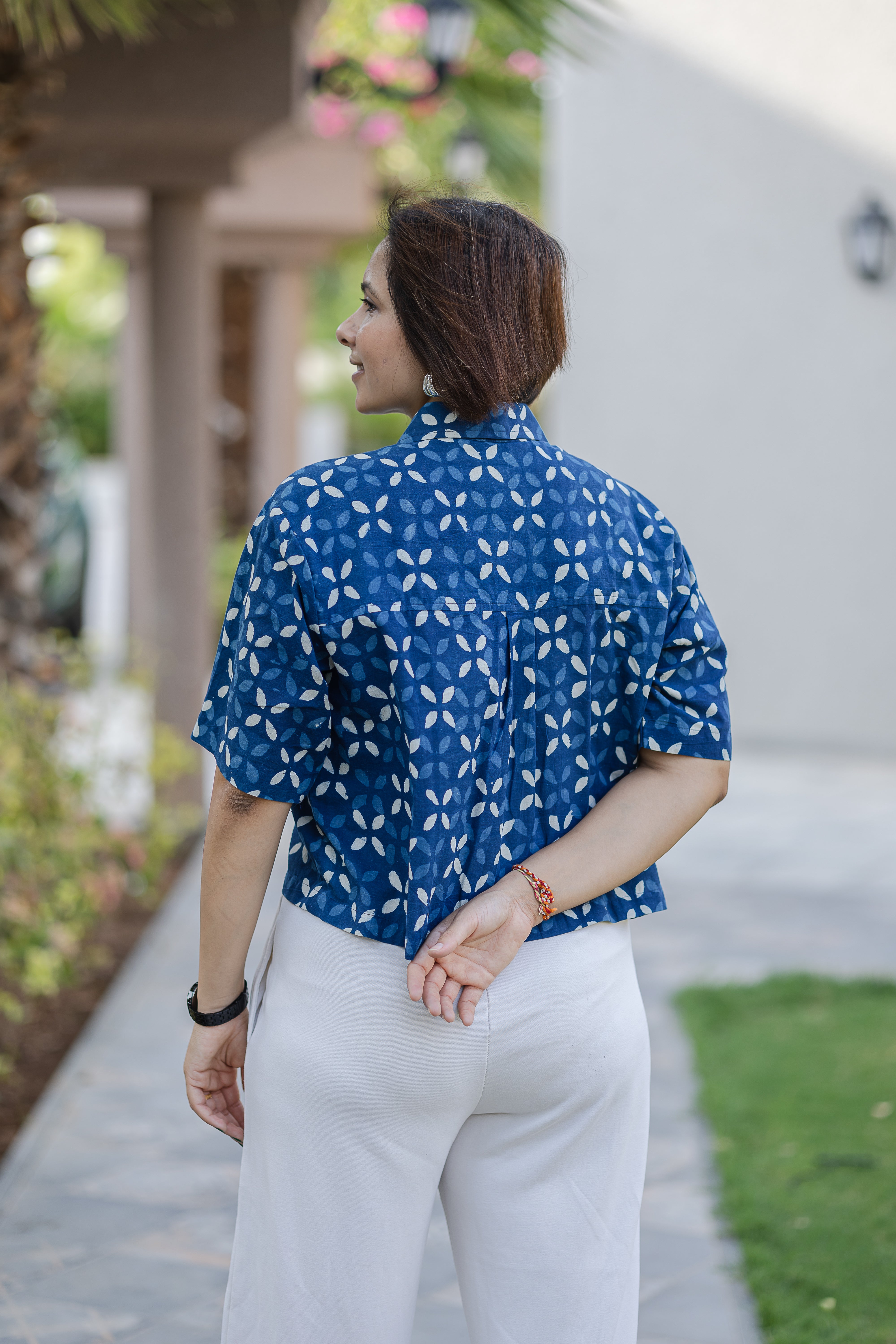 Blue Printed Half Sleeve Crop Shirt