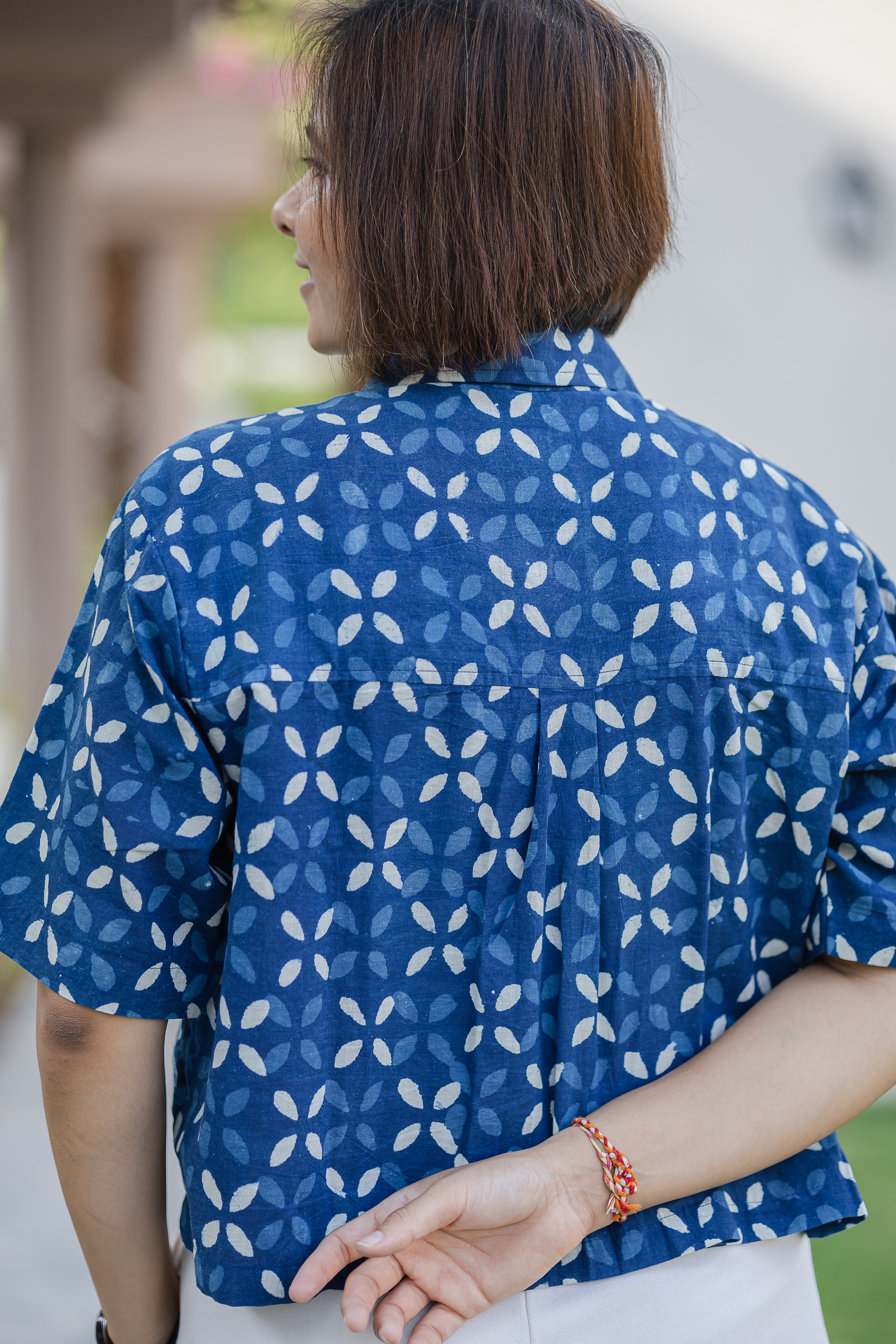 Blue Printed Half Sleeve Crop Shirt