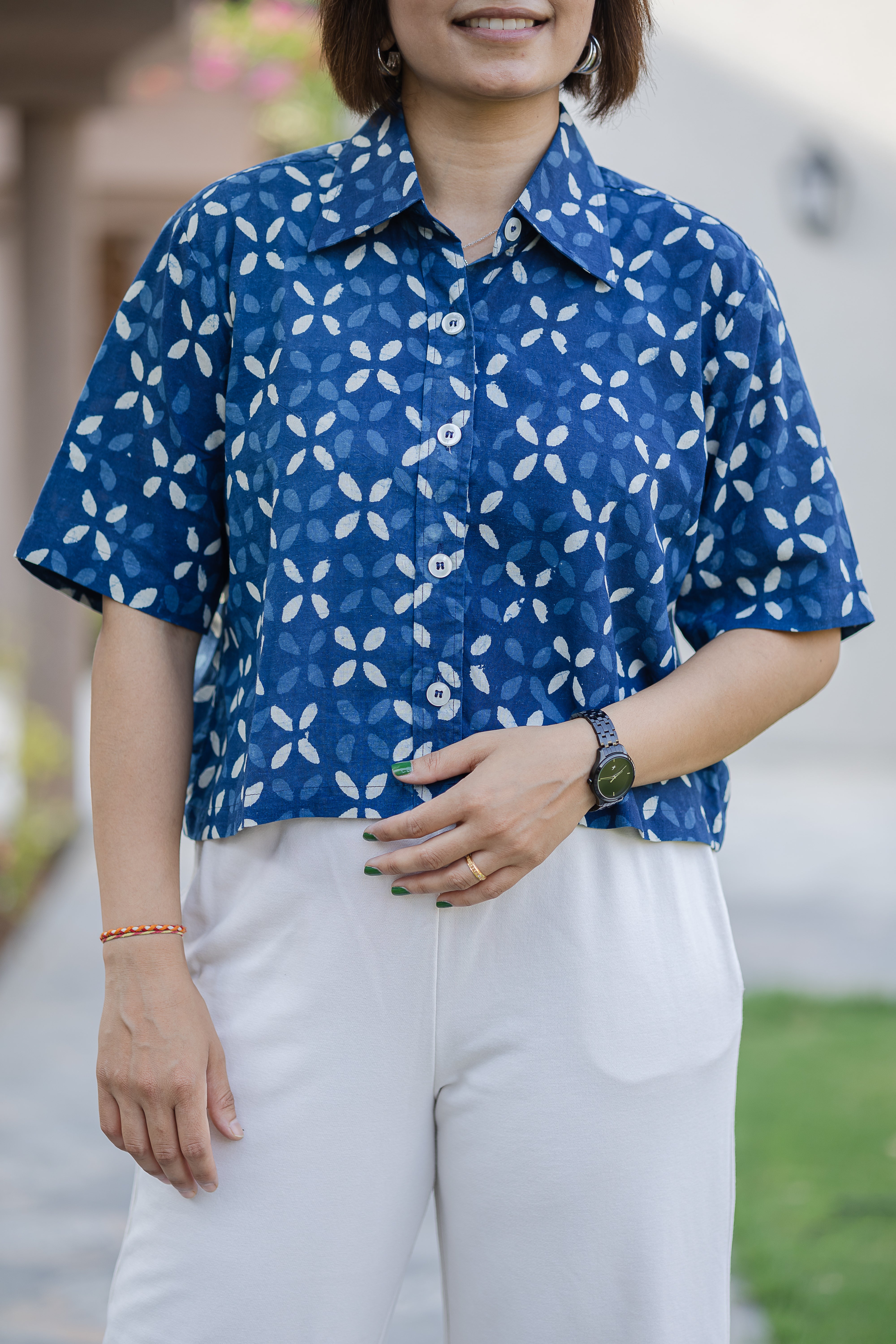 Blue Printed Half Sleeve Crop Shirt