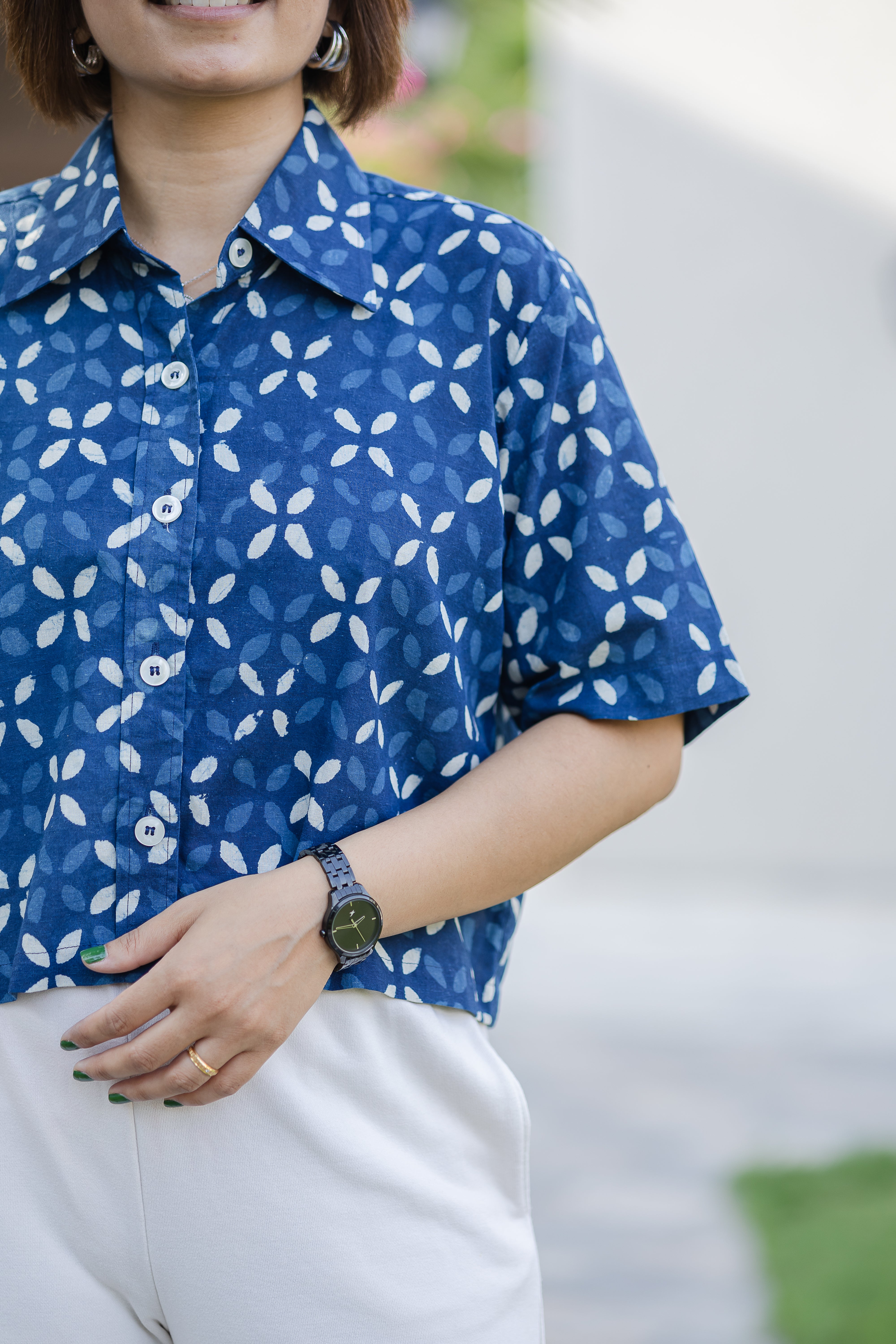 Blue Printed Half Sleeve Crop Shirt