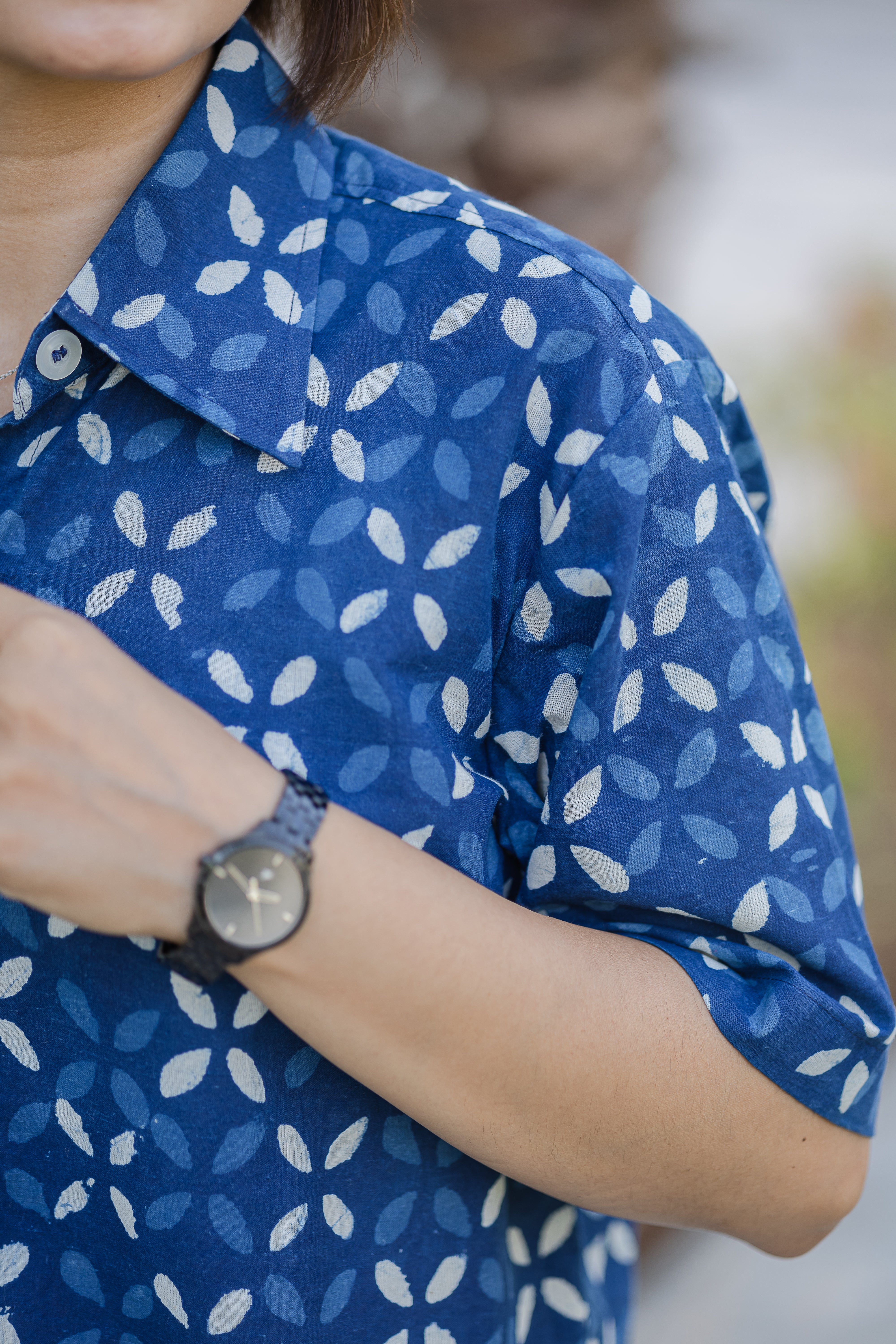 Blue Printed Half Sleeve Crop Shirt