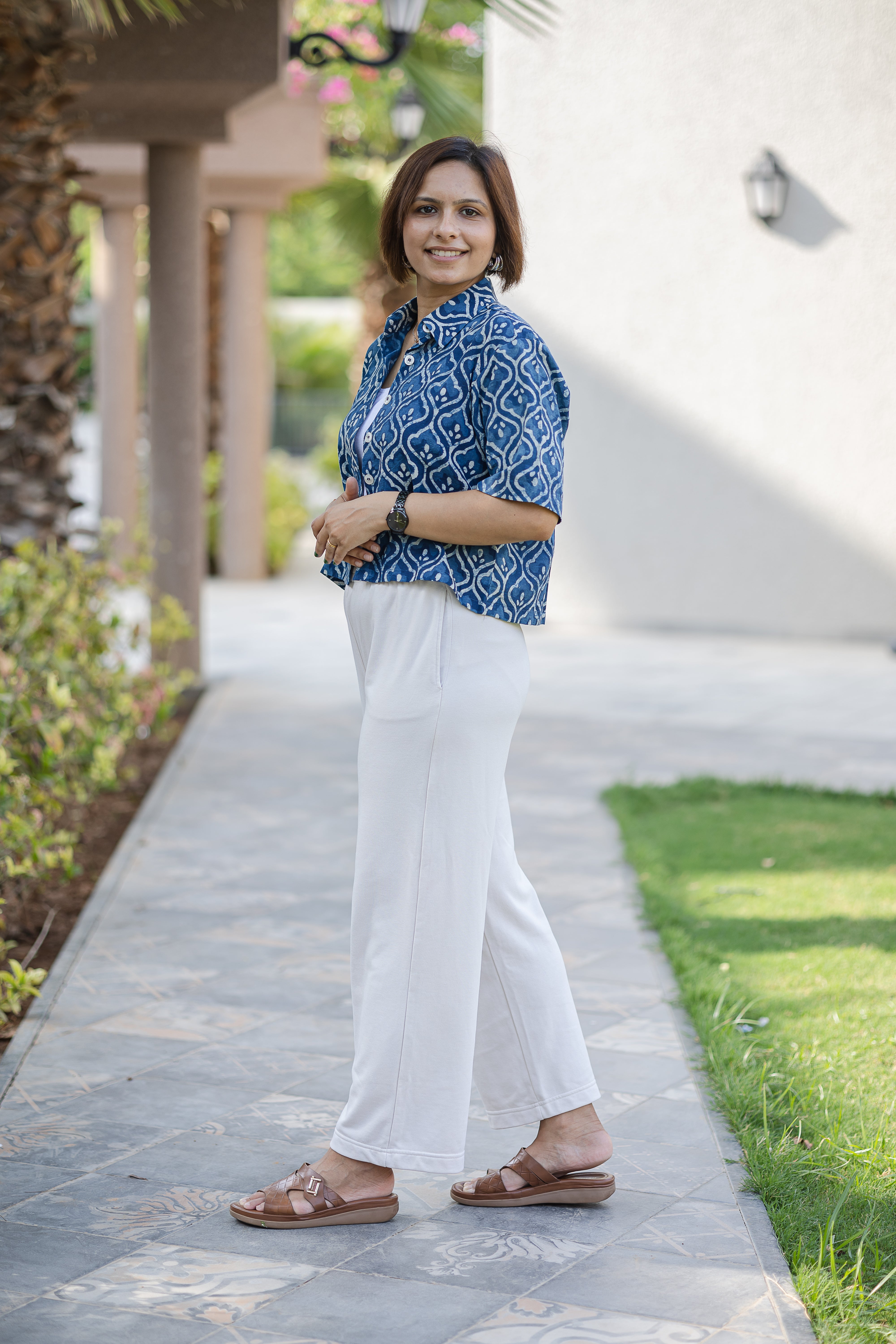 Blue Printed Half Sleeve Crop Shirt