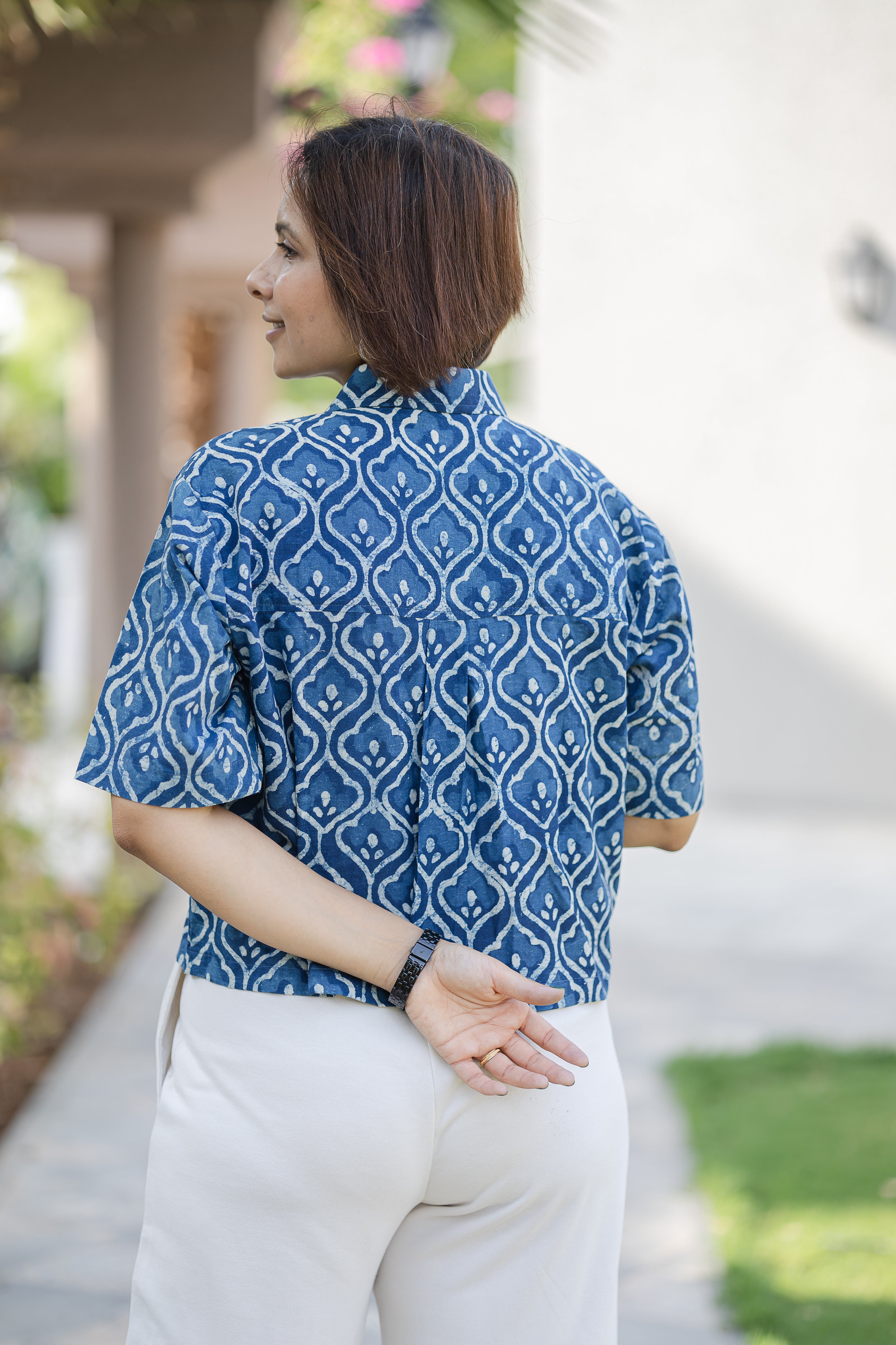 Blue Printed Half Sleeve Crop Shirt