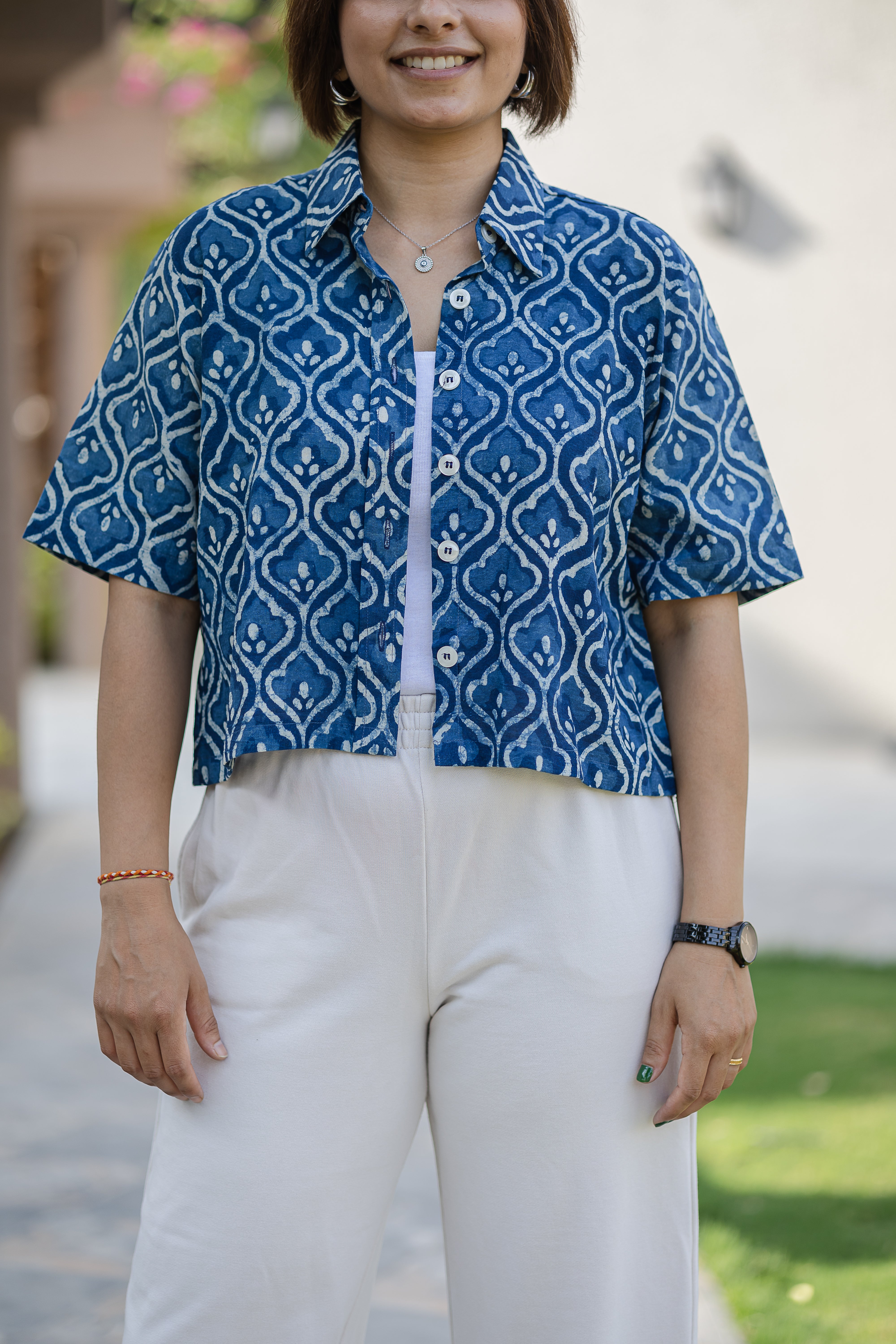 Blue Printed Half Sleeve Crop Shirt