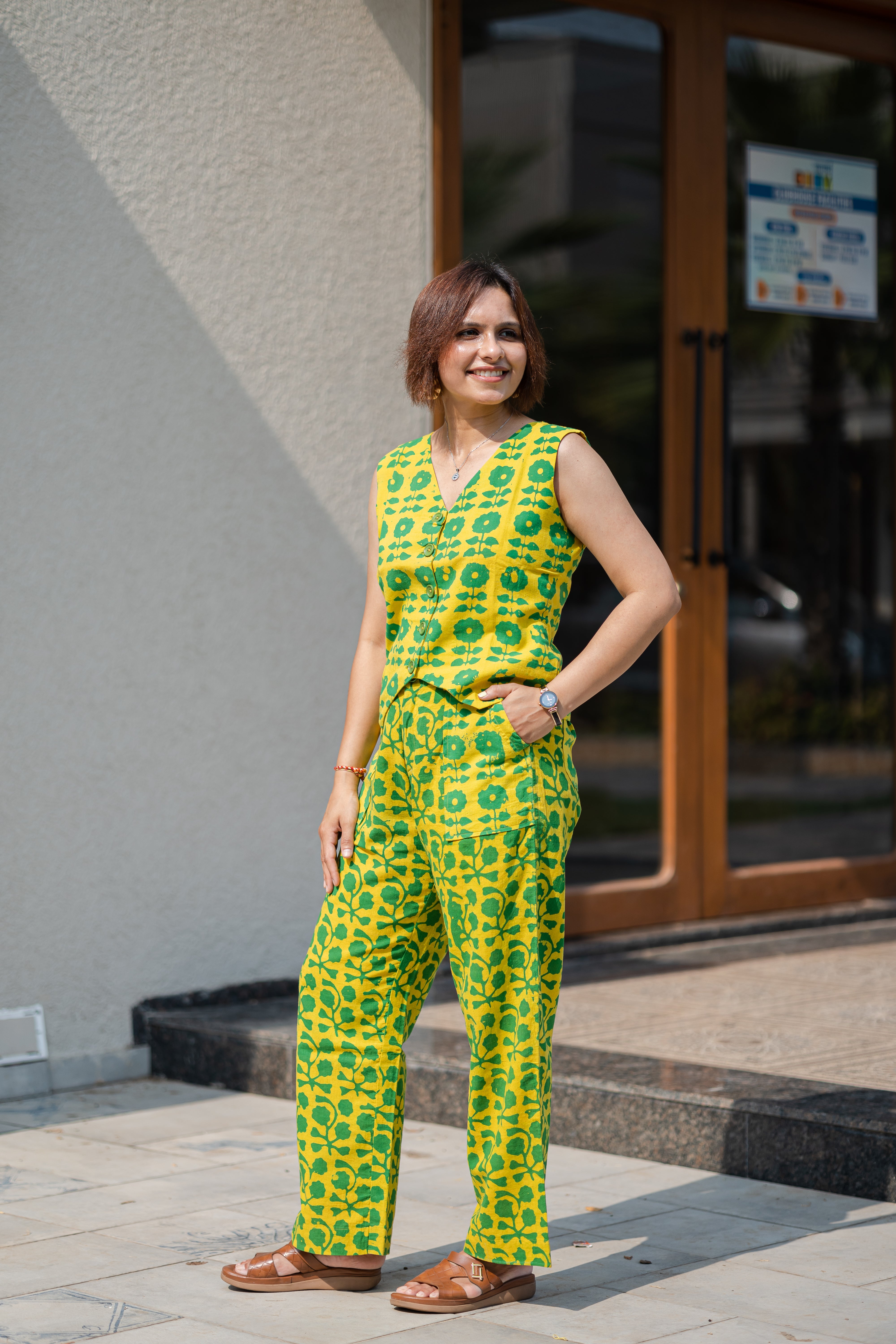 Yellow Batik Print Waistcoat & Pant