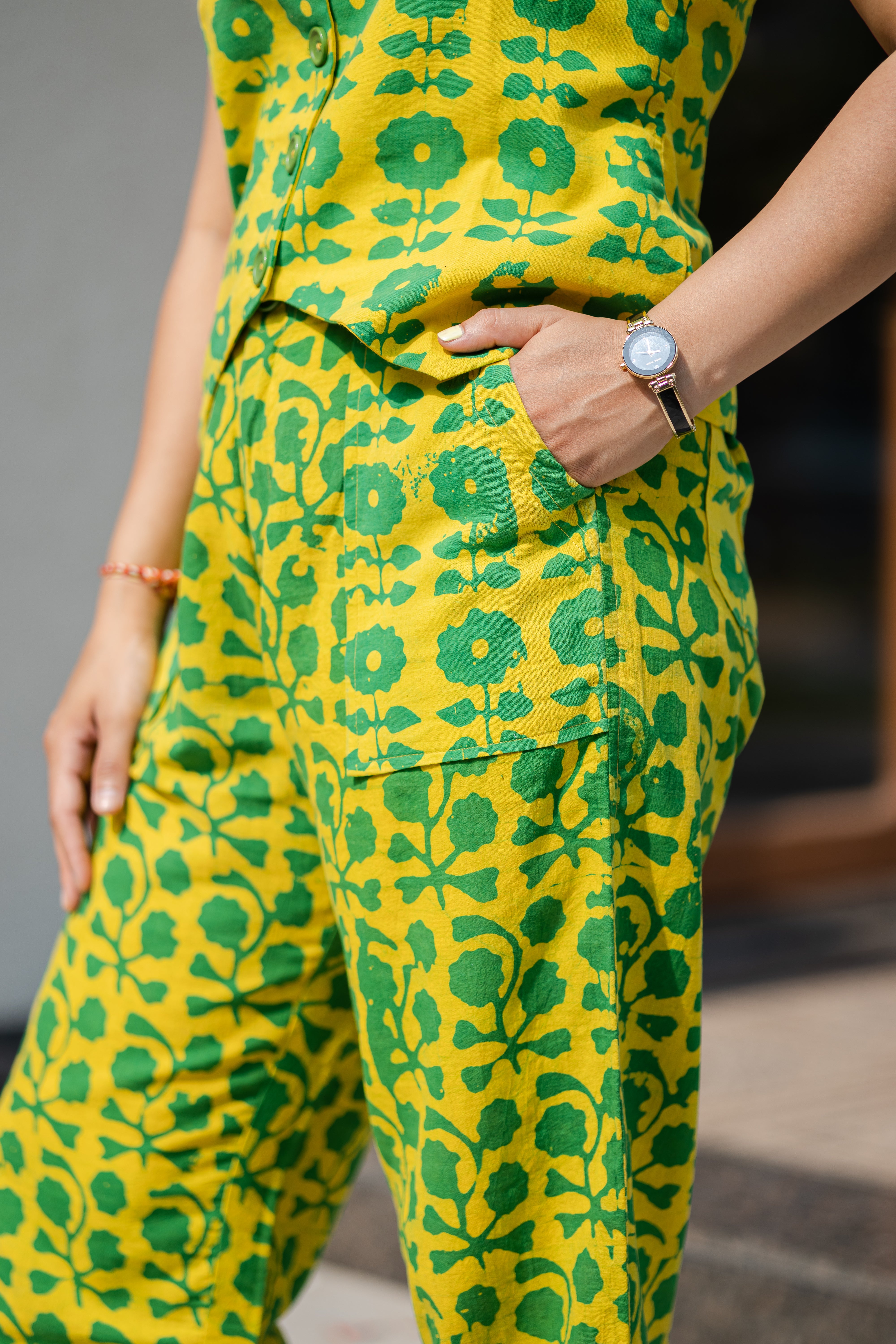 Yellow Batik Print Waistcoat & Pant