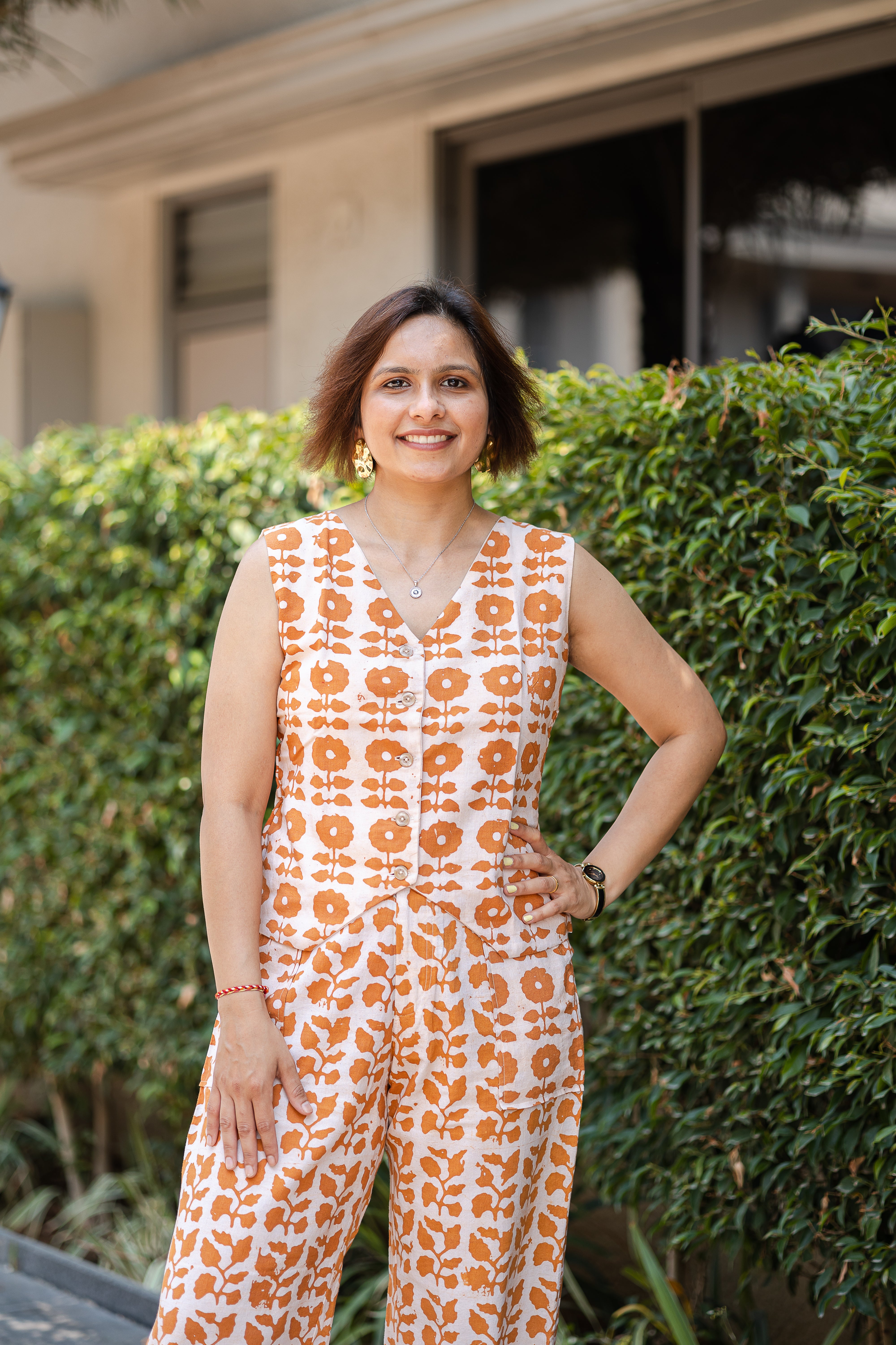 Light Brown Batik Print Waistcoat & Pant